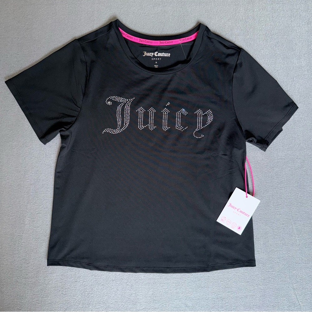 Newβ Juicy Couture Sport Black Tee with Rhinestone logo Pink Accents size Medium